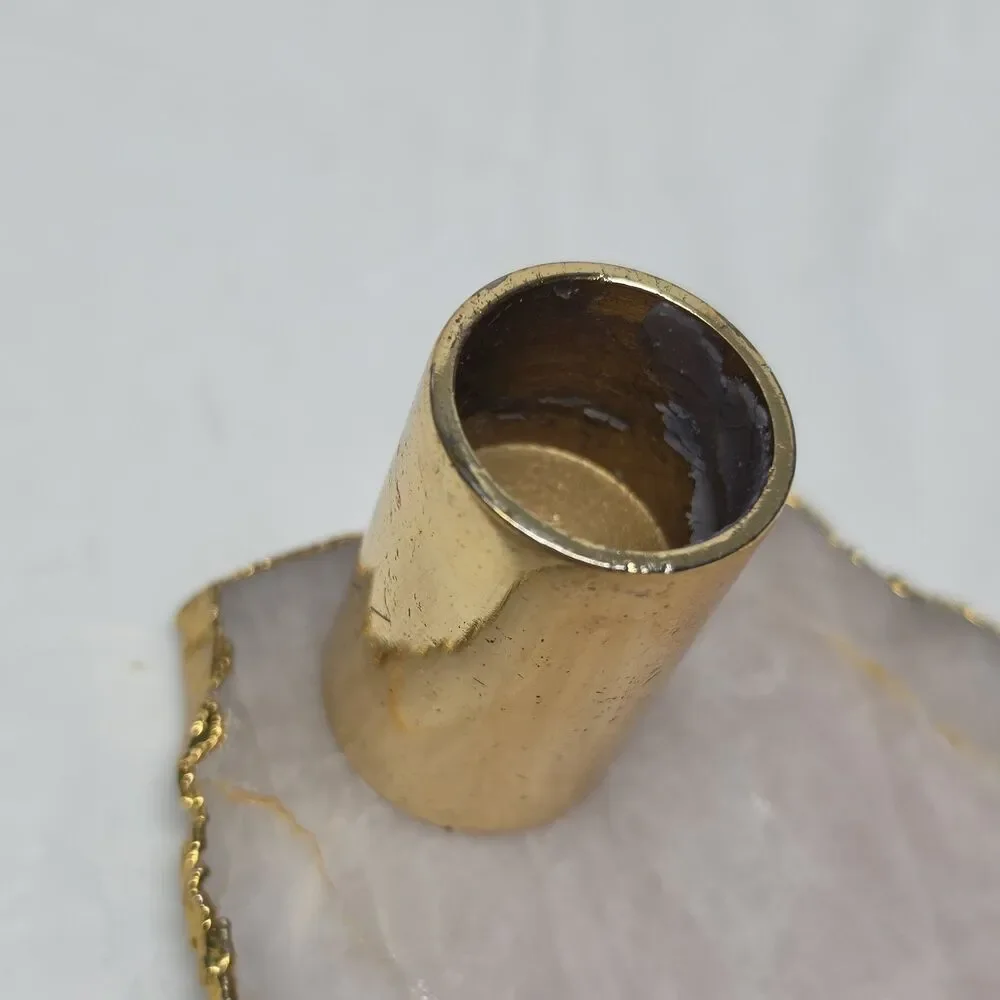 Pair Anthropologie Agate Natural Stone Gilded Gold Edge Candle Holders Boho